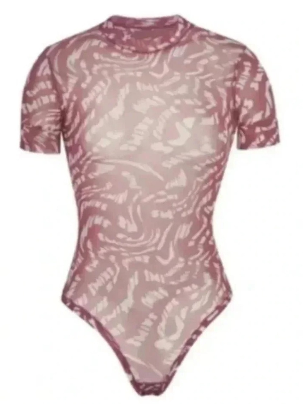 SKIMS Logo Print Mesh T-Shirt Bodysuit Sheer Mauve Large